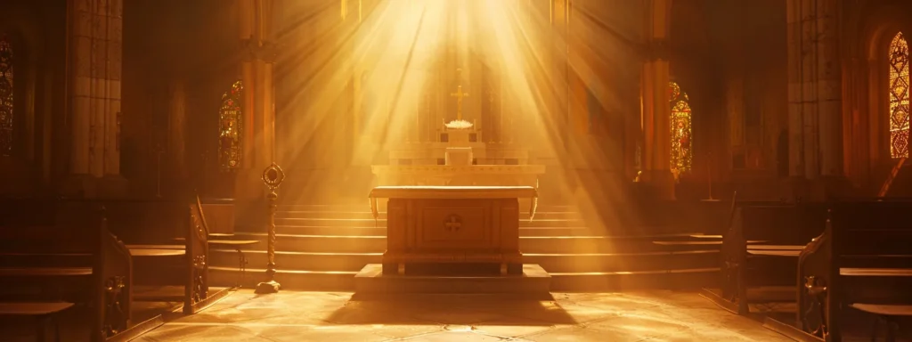 a serene and inviting church interior showcases a beautifully crafted altar, bathed in warm golden light, symbolizing the unique and hopeful message of nazarene beliefs in salvation and grace.