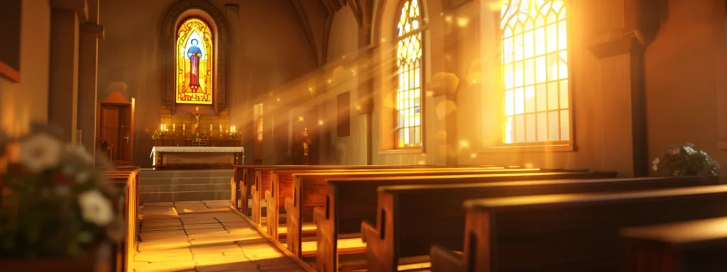 a serene chapel setting bathed in warm, golden light, illustrating the deep-rooted traditions and evolving beliefs of the nazarene faith through evocative stained glass windows and solemn wooden pews.