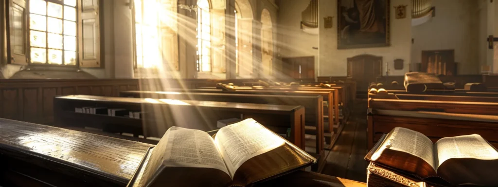 a serene church interior bathed in warm sunlight, with open bibles on each pew symbolizing the foundational role of scripture and the pursuit of holiness in nazarene theology.