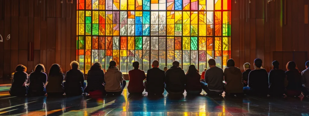 a serene gathering of diverse individuals engaged in passionate dialogue beneath a vibrant stained glass window, symbolizing the evolving and inclusive future of nazarene beliefs amidst a changing religious landscape.