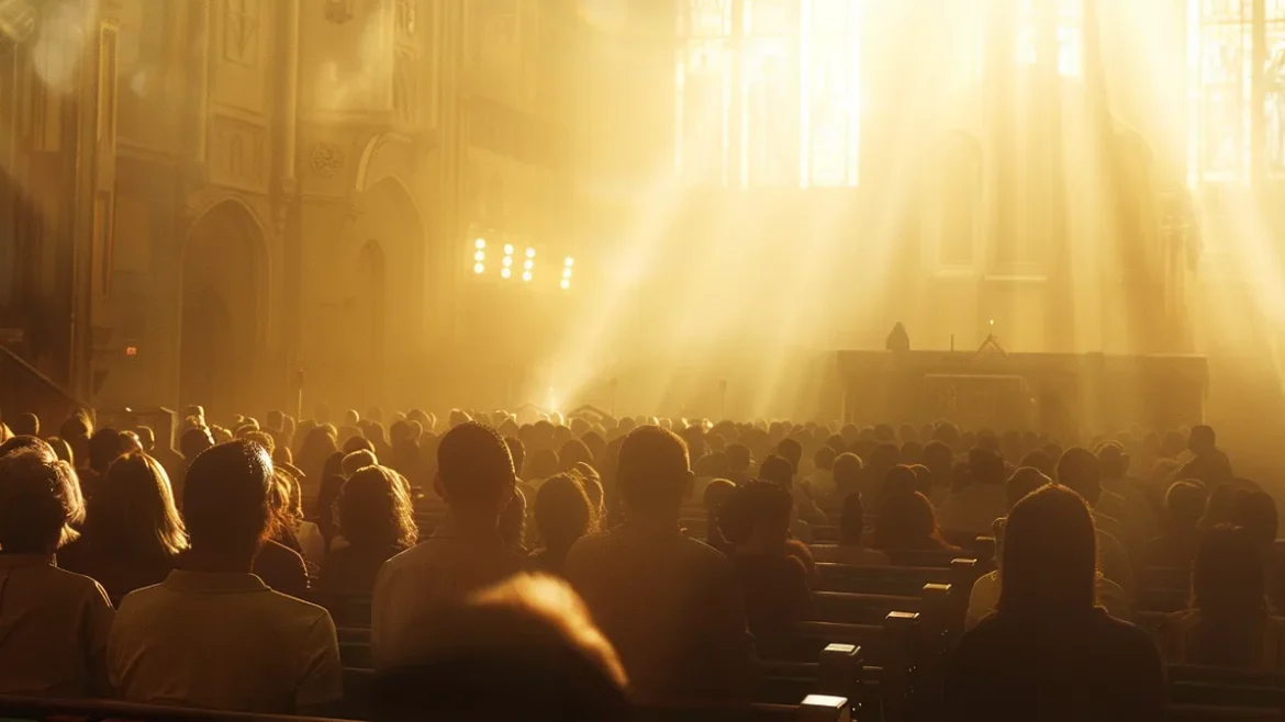 a striking visual of a diverse congregation gathered in a sunlit sanctuary, passionately engaged in worship, symbolizing the vibrant beliefs of the nazarene church contrasted with the varied expressions of faith from other christian denominations.