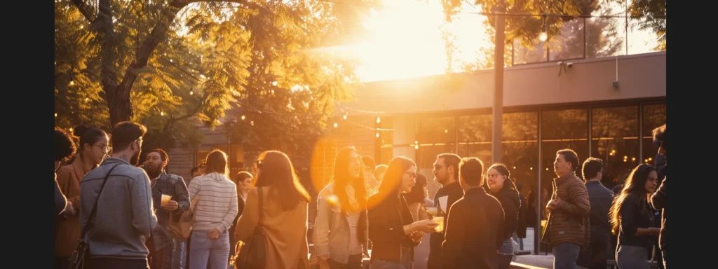 a vibrant community gathering outside a modern church, with diverse individuals engaged in discussion and outreach activities, illuminated by warm, golden light, symbolizing the nazarene church's commitment to social justice and contemporary issues.